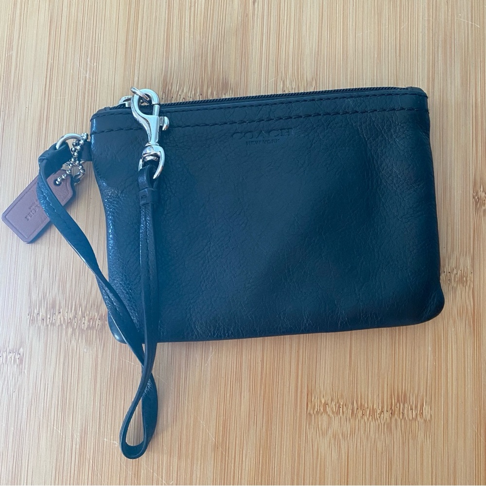 Coach Black Leather Wristlet with Silver Accents